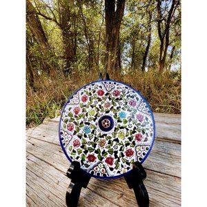 Vintage Stoneware tea trivet Hot Plate Blue floral Hand Painted